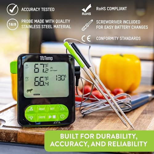 Image of Taylor TruTemp Dual Probe Wired Programmable Meat and Food Thermometer, Digital for Cooking, Monitor Two Dishes with Two Probes for Baking, Grilling, and Roasting, User-Friendly, Backlit, Green