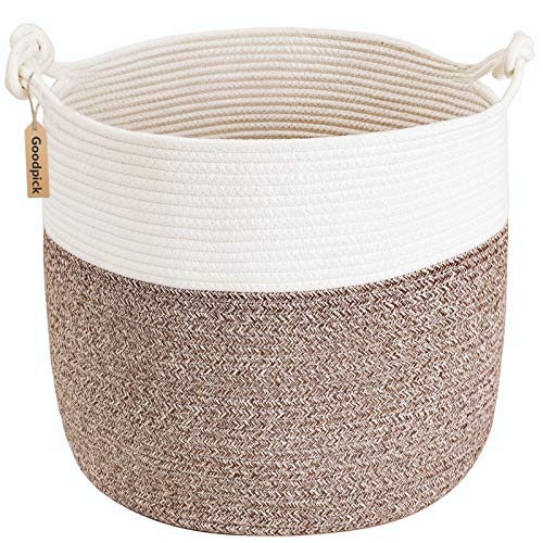 Image of Goodpick Woven Laundry Basket, 15 x 14.2 Inches Cotton Rope Basket for Blankets, Soft Blanket Storage Baskets with Handles for Living Room, Woven Toy Storage Organizer for Nursery, Brown