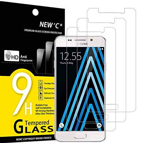 NEW'C 3 Piezas, Protector Pantalla para Samsung Galaxy A3 2016 (SM-A310), Cristal templado Antiarañazos, Antihuellas, Sin Burbujas, Dureza 9H, 0.33 mm Ultra Transparente, Ultra Resistente