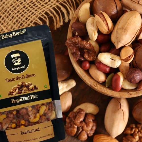 Image of Being Bania Royal Nut Mix | No Palmolein Oil | Cashews, Almonds, Peanuts, Chickpeas, Green Gram Mix | Kaju Badaam Namkeen | Desi Trail Mix | Premium Namkeen Chakna | 280g each (Pack of 2)