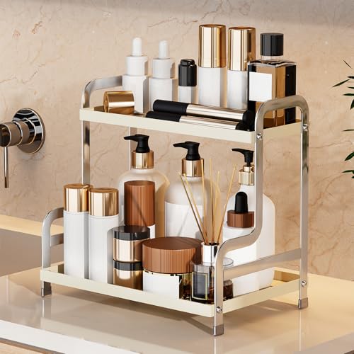 SanDream Bathroom Organizer Countertop, 2 Tier Bathroom Counter Organizer, Metal Sink Shelf for Makeup Bedroom Corner (White)