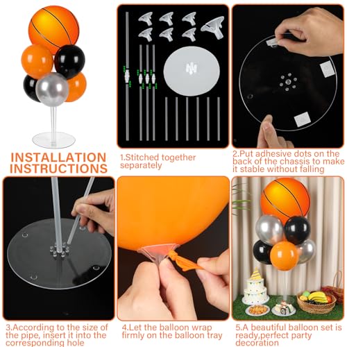 Image of 2 Sets Basketball Party Balloons Stand Kit with Orange And Black Balloon Sport Basketball Senior Night Balloon Centerpiece for Tables for Game Sports Day Birthday Sports Event Decorations