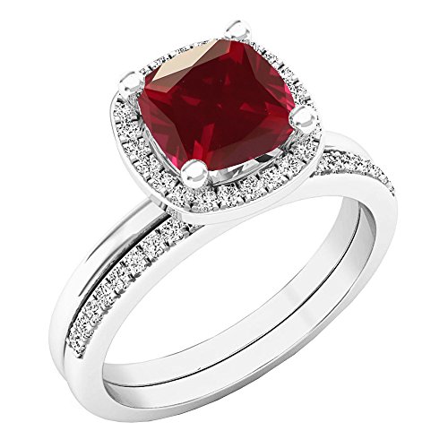 Dazzlingrock Collection 10K 7 MM Cushion Lab Created Gemstone & Round Diamond Ladies Engagement Ring Set, White Gold