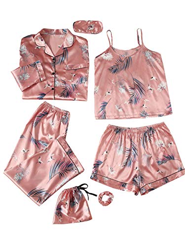 SheIn Women's 7pcs Printed Cami and Shorts Satin Pajama Set with Shirt and Eye Mask Pink Plants 3X-Large Plus