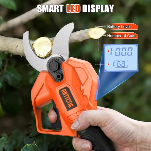 Image of Electric Pruning Shears, 2.56-Inch Cut, 2 Batteries & Spare Blades | Battery Powered Cordless Branch Cutter, SK5 Blades, LCD Display, Electric Pruner for Garden Tree Flower Trimming,Orange