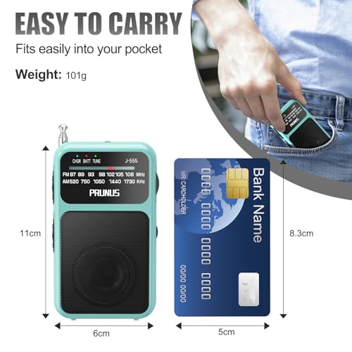Image of PRUNUS J-555 Pocket Radio AM FM Built-in 800mAh Rechargeable battery /AAA Battery Operated, Excellent Reception Clear Speaker Earphone Jack, Back Clip, Flashlight, Transistor, Portable Mini USBC Charge
