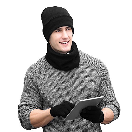 Preisvergleich Produktbild Vbiger Wintermütze Herren Mütze Touchscreen Handschuhe Beanie Warme Mütze Strickmütze Winterschal Herren mit Fleecefutter, Schwarz, Einheitsgröße