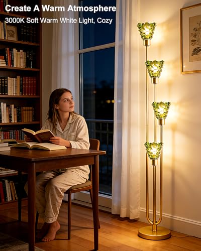Image of Lightdot Glass Floor Lamp Dimmable 4-Lights Gold with Green Glass Shade 3000K Bulbs Included Mid Century Modern Standing Tall Lamp with 5Lbs Heavy Base for Living Room /Bedroom /Sofa Beside /Corner Decor