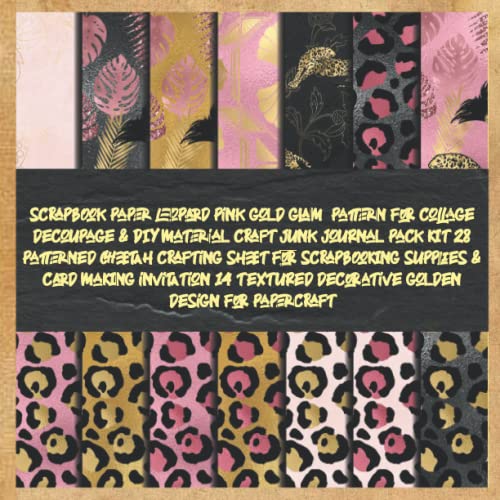 scrapbook paper leopard pink gold glam pattern for collage decoupage & DIY material craft junk journal pack kit 28 patterned cheetah crafting sheet ... decorative golden design for papercraft image 2