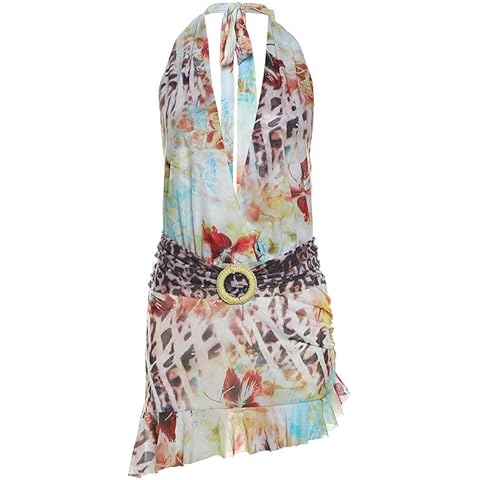 PWMENLK Women's Sexy Deep V-Neck Belt Halter Neck Backless Irregular Printed Skirt(Colour-S) Brown Cover