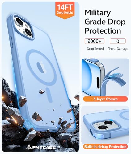 Image of FNTCASE for iPhone 15 Case: for iPhone 14 Case & iPhone 13 Case [Compatible with Magsafe] Translucent Matte Cases with [Screen Protector] Military Grade Shockproof Protective Phone Cover - Light Blue