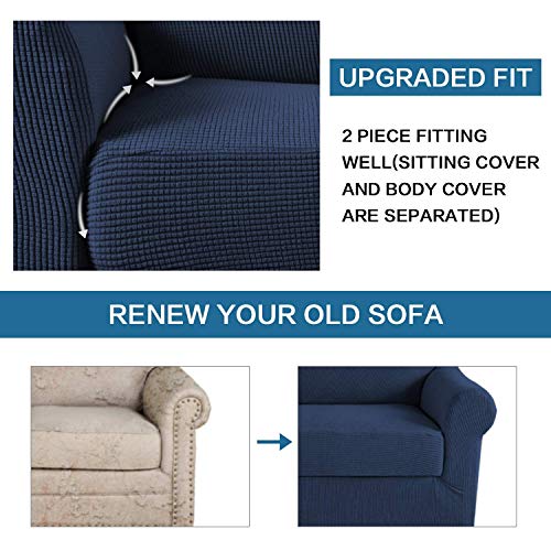 H.versailtex Stretch Loveseat Cover Bundles Sofa Slipcover, Furniture Protector, Plaid Pattern, Removable And Washable, Navy #TOP4