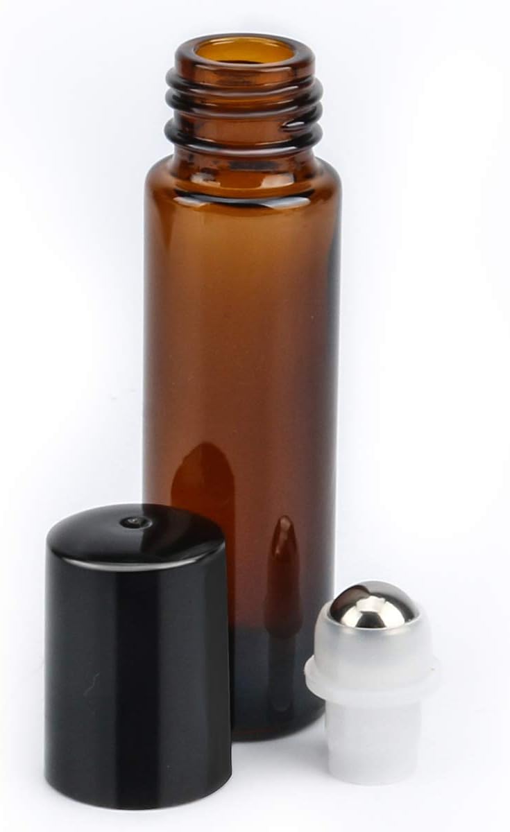 ESARORA Glass Roller Bottles, 24 Pack 10 ml Amber Essential Oil Roller Bottles with Stainless Steel Roller Balls (3 Dropper, 6 Extra Roller Balls, 2 Bottle Opener)