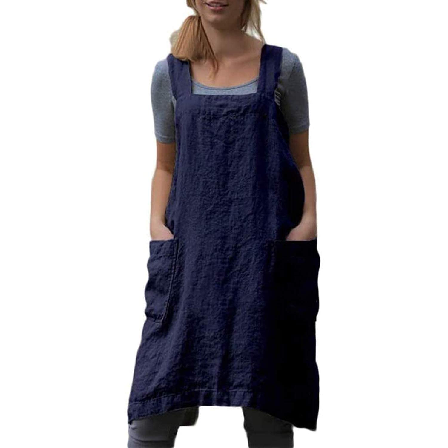 Women's Pinafore Apron Cross Back Apron with Pockets Cotton Linen Apron Dress Plus Size - blue - XXL โ image 1