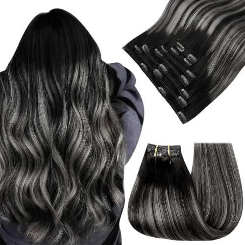 Image of Easyouth Real Hair Extensions Clip in Human Hair Black Ombre, Double Weft