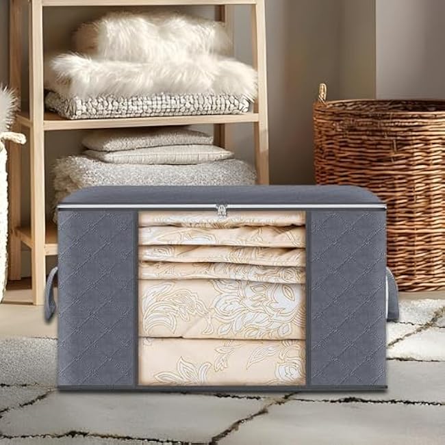 Clothes Storage Bins - 3 Pieces Blanket Storage Organizer,Folding Sweater Organizer with Clear Window & Handle for Dorm RV Travel Laundry Bathroom