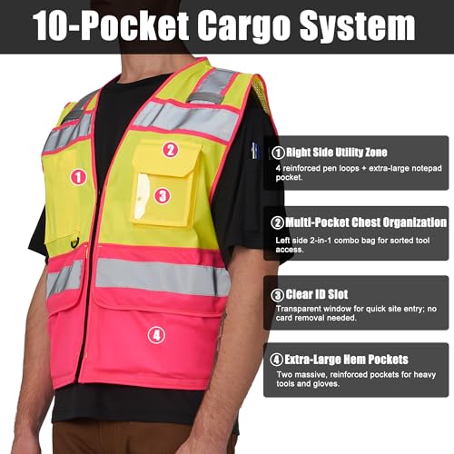 Image of A-SAFETY High Vis Reflective Safety Vest for Men Women Zipper Ipad Pockets Mesh Construction Apparel Neon Vest for Work