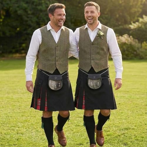 Image of Men's Utility Tartan Kilt, Scottish Kilts for Men with Cargo Pockets & Adjustable Leather Straps