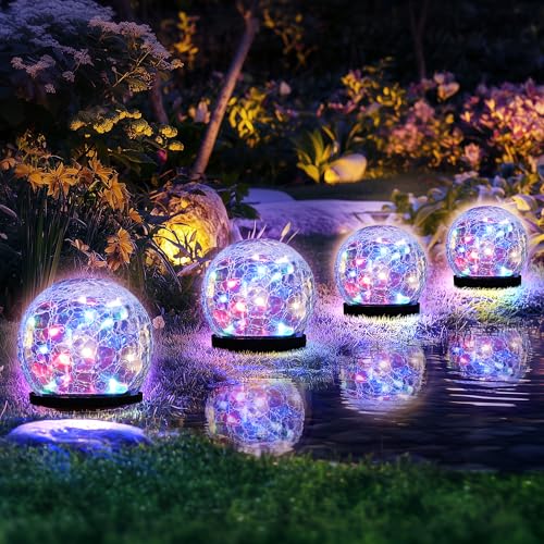 Solar Lights Outdoor Garden, Solar Globe Lights Waterproof, Cracked Glass Ball Outdoor Decorations for Balcony Backyard Yard Patio Porch (4 Pack, Muticolor)