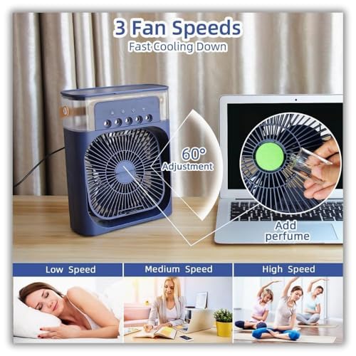 Image of DRUMSTONE Luxurious 5 Year Warranty Portable Mini Air Cooler with Humidifier & Mist Spray 3-Speed Personal Desk Fan 7-Color LED Night Light Timer Function USB Evaporative Cooling Fan for Home & Office