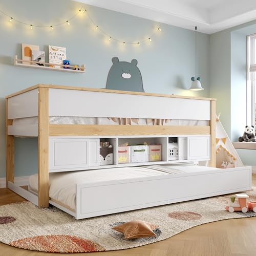 Letto a mezza altezza 90 x 200 cm, con letto estraibile, letto a castello, diversi ripiani, senza materasso, bianco e naturale