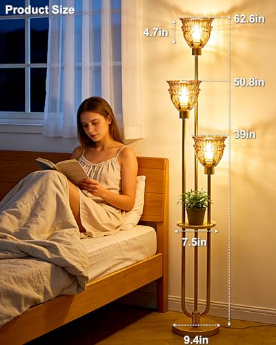 Image of Lightdot Glass Floor Lamp for Living Room Mid Century Modern Gold Floor Lamp with Amber Glass Shade 3000K Bulbs Included Tall Standing Lamp with 5Lbs Heavy Base for Bedroom /Sofa Beside /Corner Decor