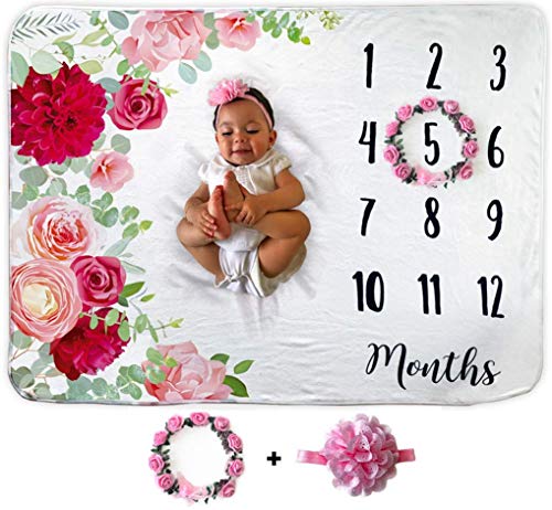 Baby Monthly Milestone Blanket | Includes Floral Wreath & Headband | 1 to