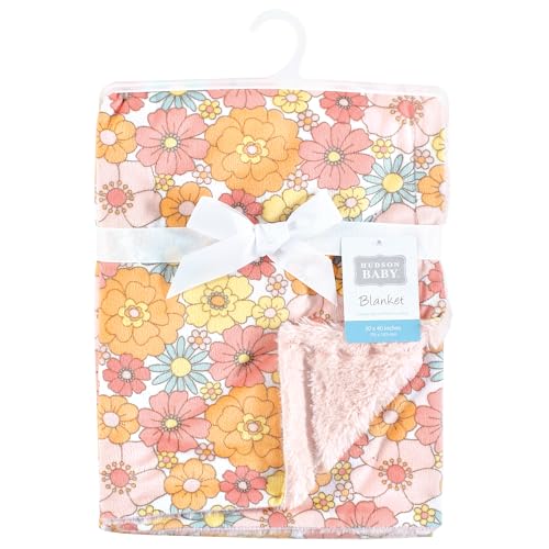 Image of Hudson Baby Unisex Baby Plush Blanket with Furry Binding and Back, Peace Love Flowers, One Size
