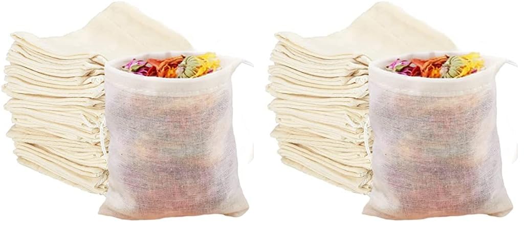50Pcs Reusable Cotton Muslin Drawstring Bags - Natural, 10 x 15cm, Lightweight, Washable - Multipurpose Food Storage, Gift, Travel