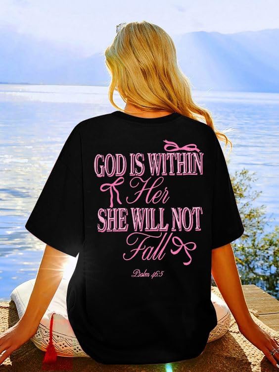 Oversized Christian Shirts for Women God is Within Her T Shirt Jesus Religious Gift Tee Bible Verse Inspirational Tops - Image 3