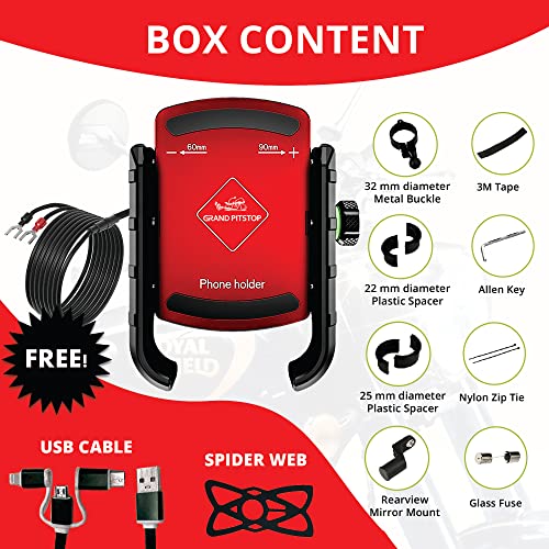 Image of GRAND PITSTOP Mobile Holder for Bikes, Motorcycle, Scooter, Bicycles, Jaw Grip with Charger Bike Mobile Holder for Maps and GPS Navigation with 360 Rotation Aluminium Handlebar Phone Mount-Red