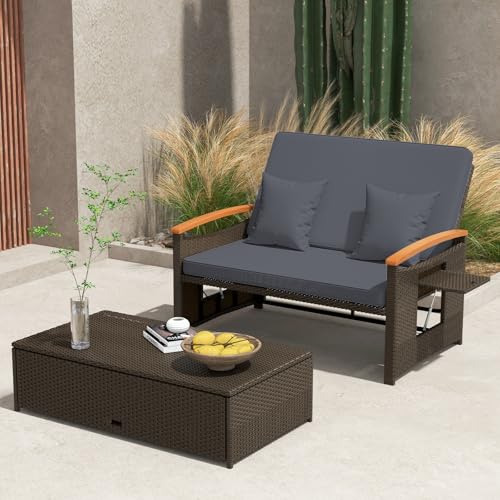 COSTWAY Garden Rattan Daybed, Patio Double Chaise Lounger Sun Bed with 4-Level Adjustable Back, Storage Ottoman, Cushions, Pillows & Side Trays, Outdoor Loveseat Sofa Conversation Furniture (Grey) - Image 5