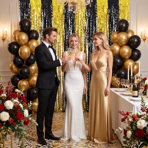 Image of TONIFUL 2Pcs Wavy Black Gold Metallic Tinsel Foil Fringe Curtains Streamers | 3.3ftx6.6ft Photo Booth Backdrop Tinsel Streamer Curtain, Props for Bachelorette Birthday New Year Graduation Christmas Decor