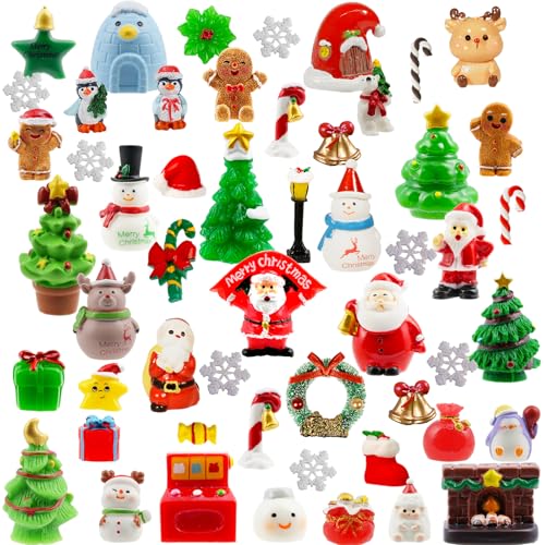 Exasinine 50Pcs Mini Christmas Figurines 48 Style Christmas Miniature Figurines for Winter Xmas Village Accessories Cake Toppers & Home Dcor