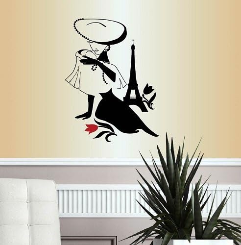 Vinilo decorativo para pared, decoración del hogar, diseño retro para mujer, con sombrero grande, estilo torre Aiffel, boutique, salón de belleza,