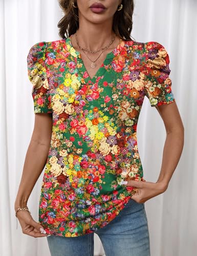 Image of LOMON Spring Summer Tops for Women 2026 V Neck Puff Short Sleeve Tops Fashion Trendy Work Blouses Dressy Casual S-XXL