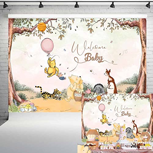 Welcome Baby - Telón de fondo clásico con diseño de oso Pooh con globo rosa, decoración de fiesta de baby shower, fondo de cumpleaños recién nacido, 7 x 5 pies, 168