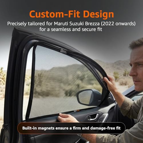 Image of Amazon Basics Side Window Sun Shade for Maruti Suzuki Brezza (2022 Onwards) - Front Half Cut + Rear Zipper | Custom-Fit Magnetic Car Curtains | Black | Pack of 4 Pcs | Cotton Mesh