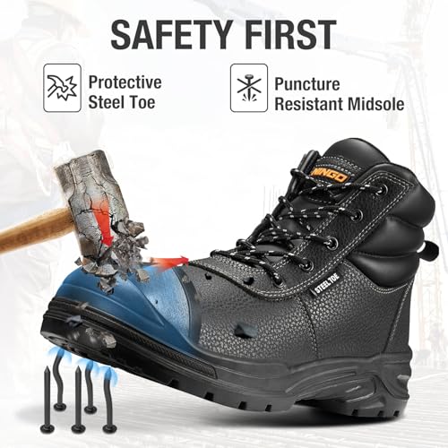 Image of NINGO Steel Toe Work Boots for Men, Non Slip & Puncture Resistant Construction Boots with Breathable Lining, EH Protection, Comfortable Mens Safety Leather Work Shoes for Industrial, Walking Warehouse