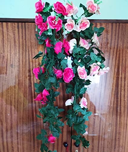 Sequpr 2 Pcs Artificial Hanging Flowers, 2.95 Ft Artificial Roses Flowers For Outdoors Decor, Fake Rose Garland Basket Plants For Wall Backdrop/Window Box/Office/Hotel/Car/Home Decor(Rose Red) #TOP3