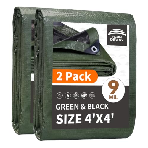 RAINDEWAY Small Tarps 4x4 Feet(2 Pack) Tarp Waterproof Easy Tie Down 9Mil Thick Finished Size Multipurpose Protective Cover with Metal Grommets and Reinforced Edges Green/Black