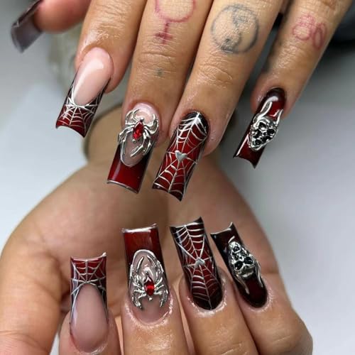 Viugex 24Pcs Halloween Francesas Uñas Postizas Cuadradas Largas, Degradado Negro Vino Tinto Press on Nails con Calavera Araña 3D, Reutilizables Acrílicas Cubierta Completa Uñas Falsas para Mujeres