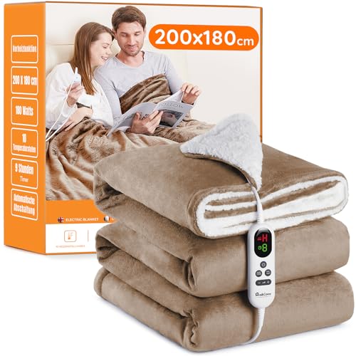 Heizdecke mit Abschaltautomatik, 200x180cm 10 Heizstufen 1~9 Stunden Auto-Off-Timer Überhitzungsschutz, Elektrische Wärmedecke Bett Wärme Decke ETL für Home & Office Schnelle Flanell Waschbar Khaki