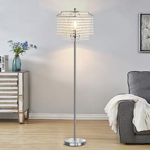Luvkczc Crystal Floor Lamp, 64" Tall Modern Standing Lamps with Double-Layer Lampshade, On-Off Foot Switch, Silver Finish Pole Lamp for Living Room, Bedroom, Office, 8W Bulb Included - Image 6