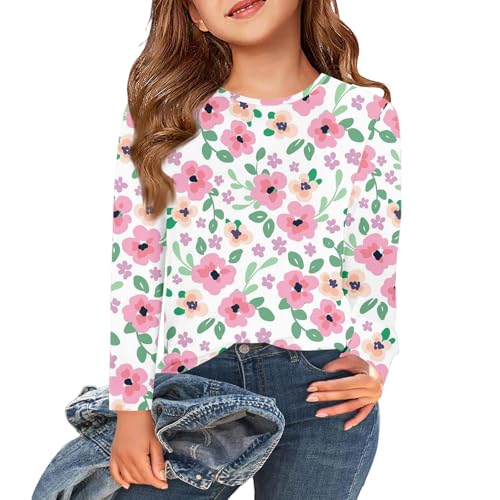Girls Long Sleeve Cute Print T-Shirt Soft Comfy Crewneck Casual Top for Kids Adorable Pattern Fall Tee Blouse