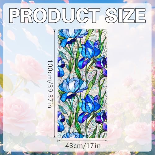 Image of JOONOR Blue Iris Flowers Sunroof Film Floral Rainbow Effect Static Clings Window Privacy Film Sun Protection Stained Glass Decals for Car Moonroof & Side Windows, 17.72 x 35.43 Inch