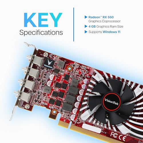 Image of VisionTek AMD Radeon RX 550 4GB GDDR5 4x Mini DP Graphics Card | 4 Monitor Support, Low Profile SFF, Full Height Bracket Included, Single Slot, 50W Bus Powered, Multi-Display Productivity