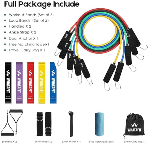 Image of WHATAFIT Resistance Bands, Exercise Bands, Workout Bands with Handles, Door Anchor and Ankle Straps, 5 Resistance Levels Fitness Bands for Strength Training, Physical Therapy, and Home Gym Equipment