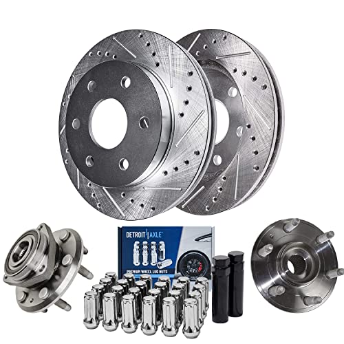 Image of Detroit Axle - Front Drilled Brake Rotors Wheel Hub Bearings + 24pc Lug Nuts w /keys Replacement for Chevy Traverse Buick Enclave GMC Acadia - 30pc Set