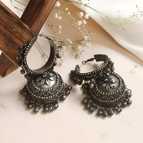 Oxidized Black Jhumka Earrings for Girls | Traditional Indian-Korean Fusion Hanging Earrings with Black Pearl, Bold Ethnic Design for Casual & Festive Wear2